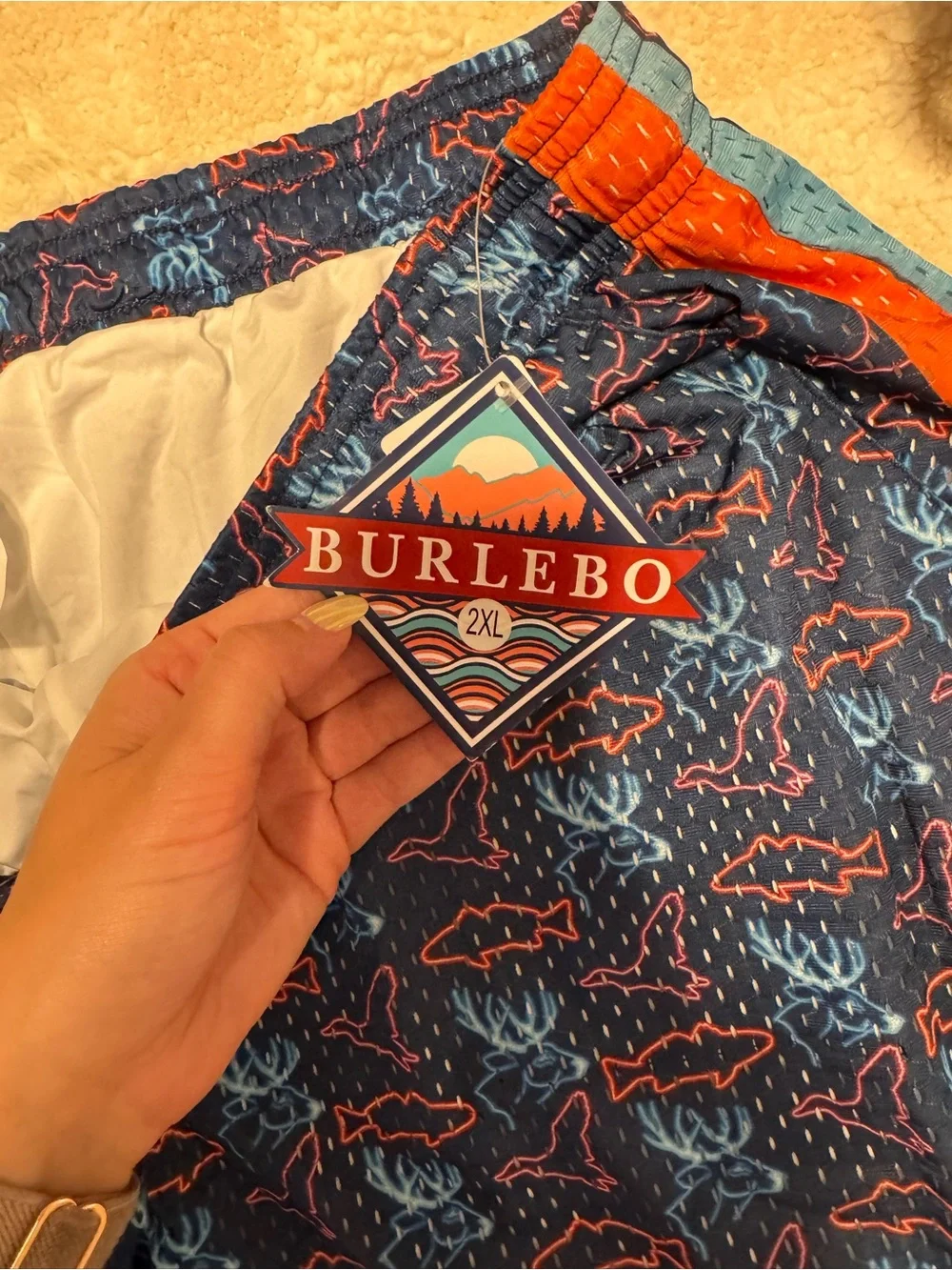 Boys' Blue Shark Print Swim Shorts with Orange Trim